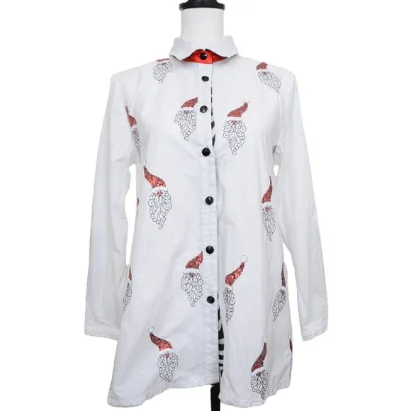 Jack B Quick Button-Down Shirt Red Sequin Santa Striped Collar Accent Women SM - Picture 2 of 14